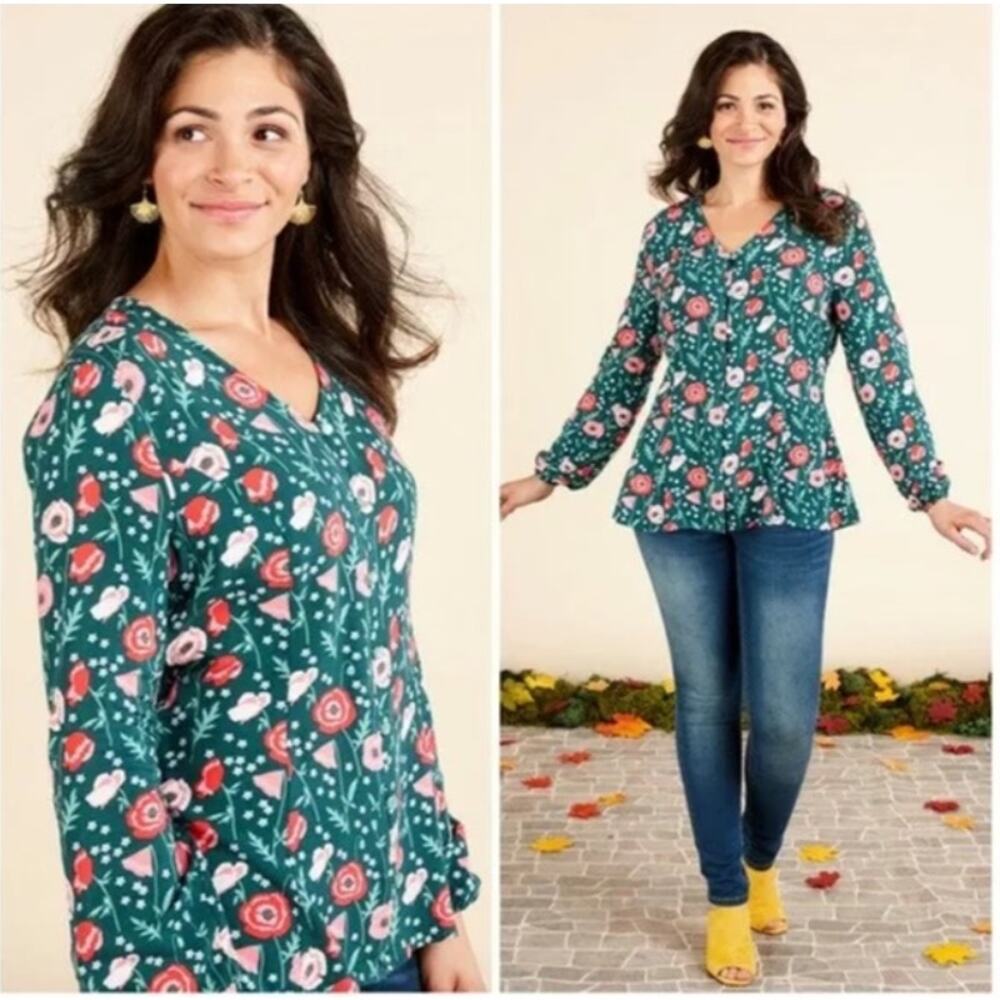 Matilda Jane Yesteryear Floral Blouse Women’s XS NWT Green Pink Long Sleeve Chic